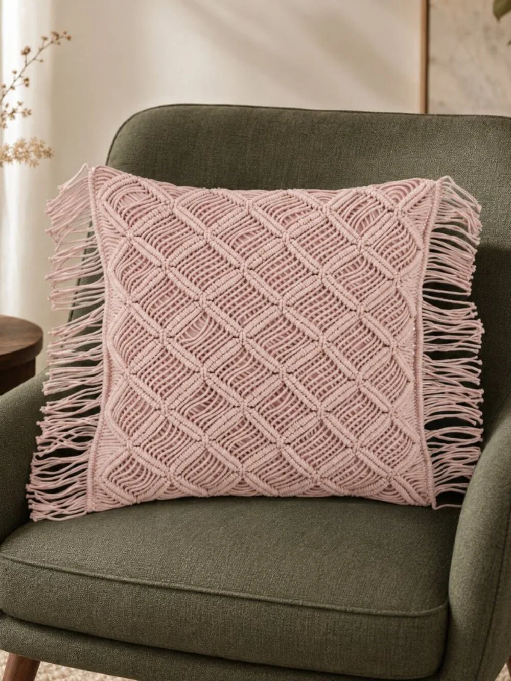 SARO 5148.RS18S 18 in. Square Down Filled Macrame Throw Pillow - Rose